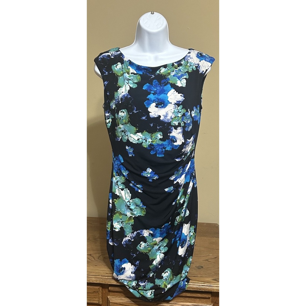 LAUREN RALPH LAUREN Dress Womens 8 Blue Floral Ruched Stretch Sheath Jersey Work